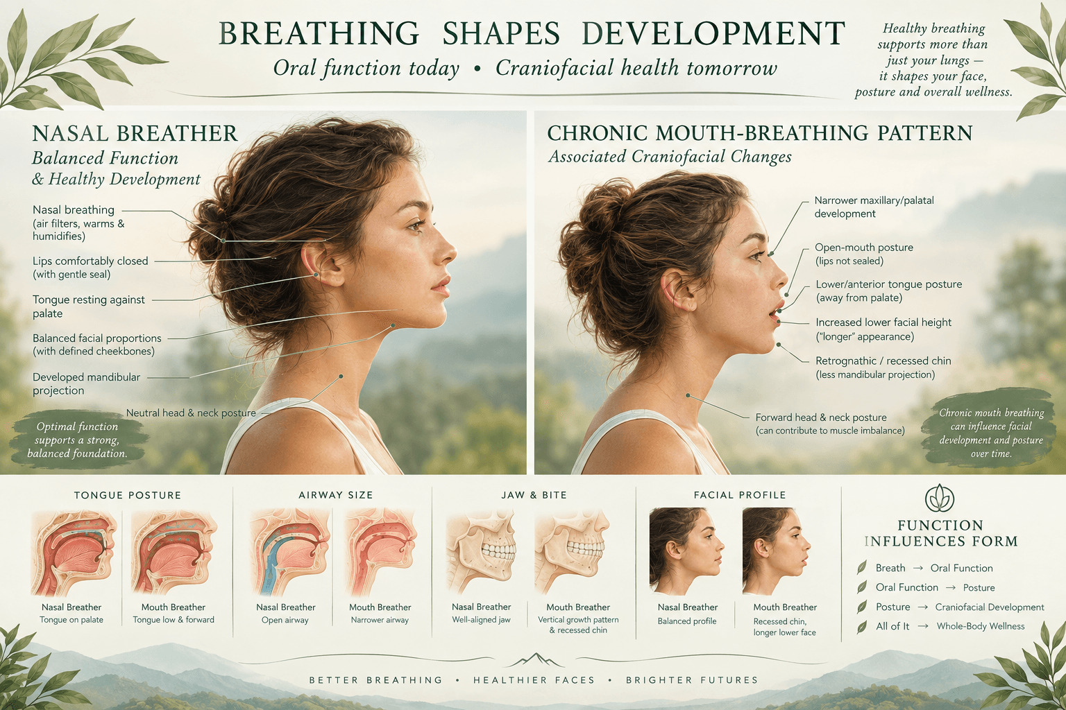 A nasal breather and a mouth breather compared: tongue posture, airway, jaw and facial profile